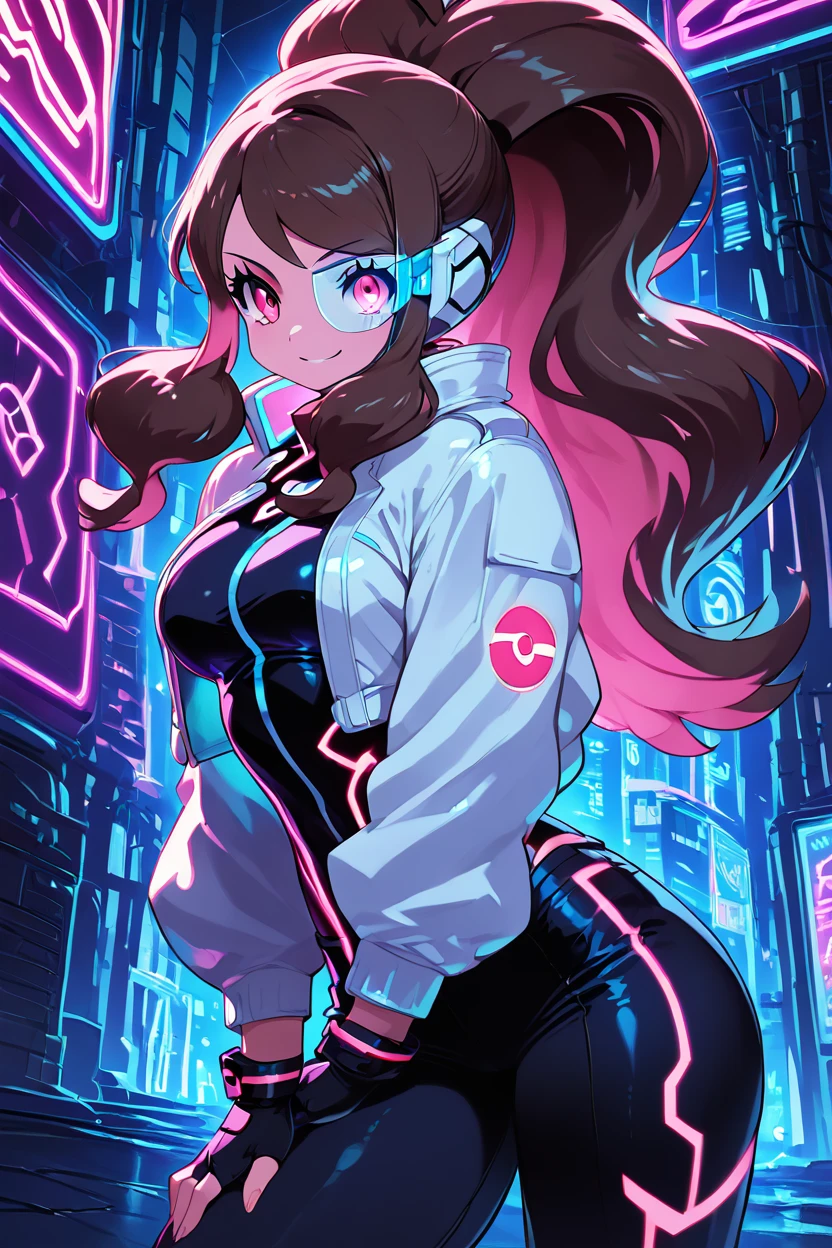 score_9, score_8_up, score_8, medium breasts, (curvy), cute, eyelashes,       ,,, ,  zzHildaLuxCitron, pink eyes, brown hair, high ponytail, long hair, multicolored hair, pink hair, ponytail, sidelocks,  white jacket, long sleeves, shiny, pants, black gloves, cyberpunk, scouter,  <lora:HildaLuxVoltPDXL:1>,  , BREAK, smile, looking at viewer, cowboy shot, ,,, embedding:zPDXL, Expressiveh, ,,, <lora:Zankuro_Style_PDXL:0.8> <lora:SDXLFaeTastic2400:0.5>, <lora:Expressive_H-000001:0.4>,