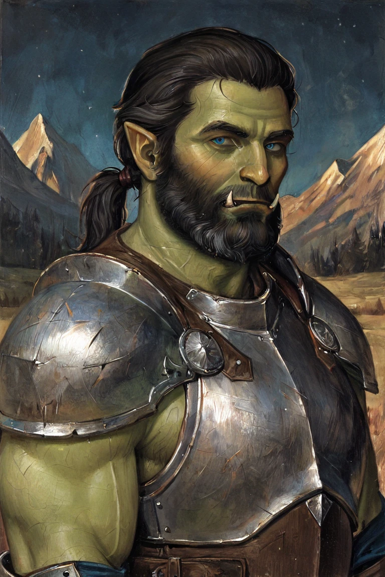 masterpiece, best quality, highres, newest, gothic art, traditional media, realistic, 1boy, solo, male focus, mature male, orc, colored skin, green skin, tusks, blue eyes, medium hair, black hair, hair slicked back, ponytail, facial hair, beard, mustache, looking at viewer, full armor, shoulder armor, breastplate, pauldrons, upper body, closed mouth, standing, outdoors, mountain, night, night sky, dark background <lora:Gothic Art [LoRA] - NoobAI-XL EPS 1.0:0.8>