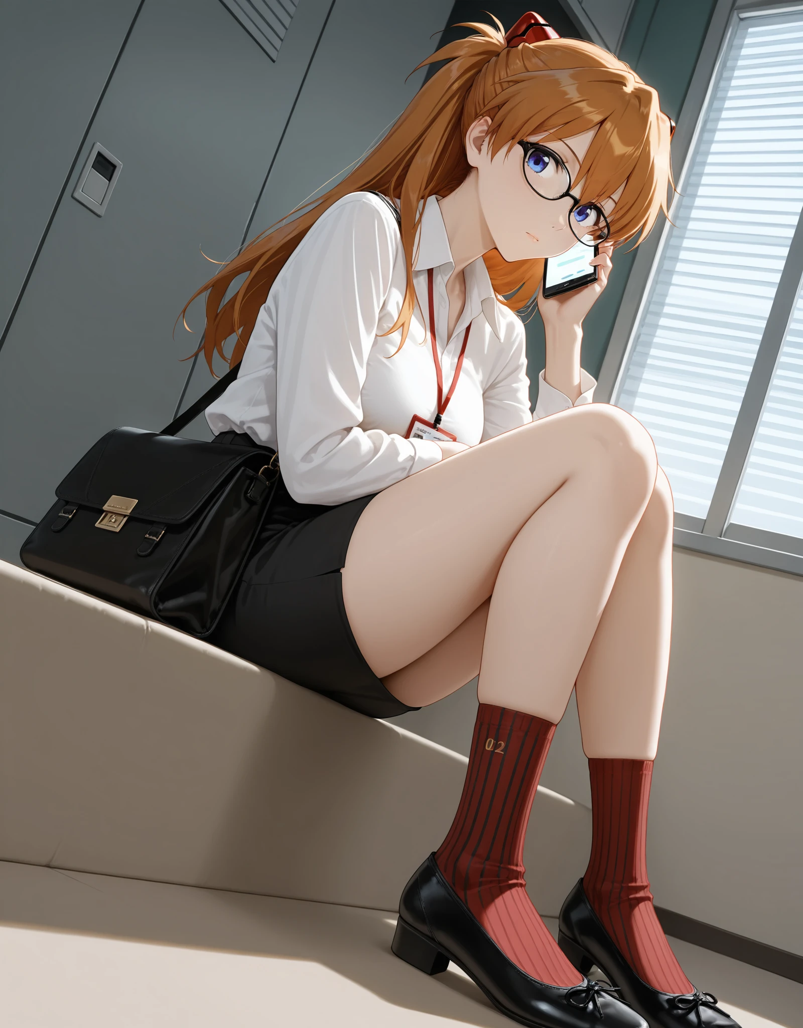masterpiece,best quality,very aesthetic,zPDXL,1girl,indoor,<lora:flatshoes-000019:0.6>,balletshoesXL1,black footwear,souryuu asuka langley,flat_shoes,sitting,(realistic:0.3),office lady,skindentation,black-framed eyewear,messenger bag,dynamic_angle,on the phone,vertical-striped socks,
