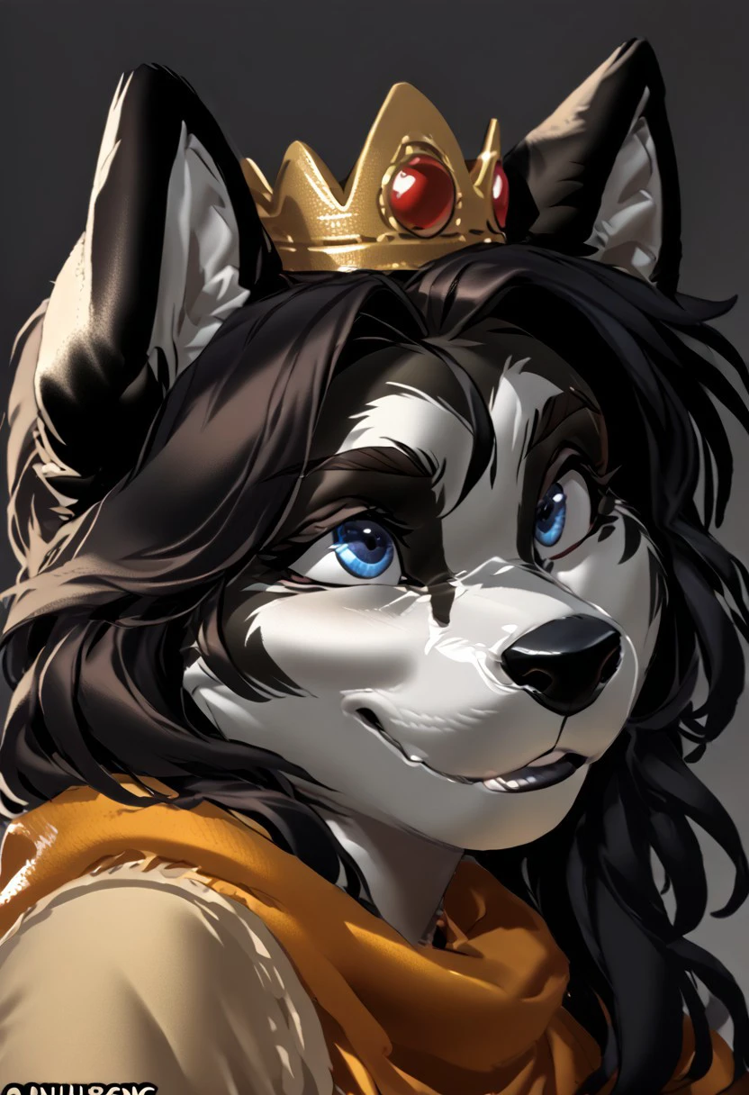 score_9, score_8_up, score_7_up, (by kittydee:1.5), (by jailbird:1.5), (by zummeng:1.5), masterpiece, best quality, (solo),
(Furry Art: Anthro: Alaskan Klee Kai:1.5), 1girl, expressive eyes, feminine eyes, perfect face, feminine face, dog, canine, small body size, curled fluffy tail, (two-toned fur), (black and white fur), large eyes, black hair, straight hair, medium breasts, blue eyes, princess dress, princess crown,