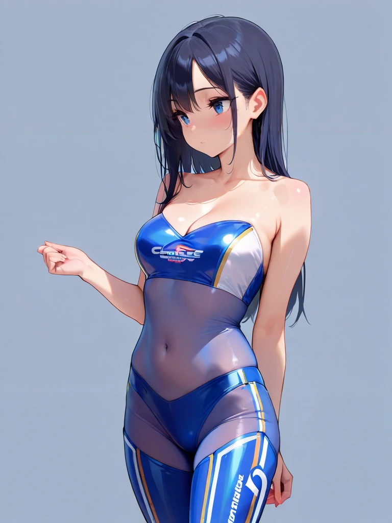 masterpiece,amazing quality,best quality,ultra-detailed,8K,illustration,CG,shiny hair,clear skin,ultra-detailed-eyes,simple background,cute girl, eyelashes <lora:race queen see-through_illustrious_V1.0:1> race queen, see-through, body suit