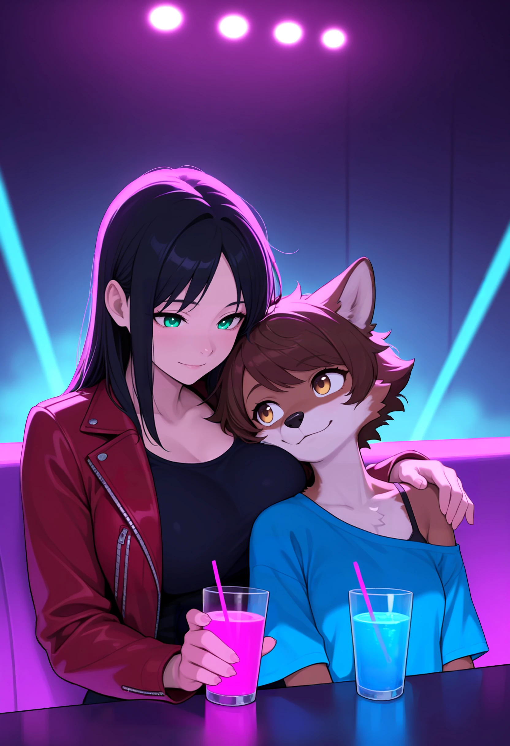 masterpiece, best quality, high quality, rendered, illustration, human on anthro, female/female, duo, 2girls, upper body, bust portrait, arm around shoulders, relaxing, sitting, table, inside, nightclub, bar, beverage, booth seating, sofa, purple sofa, metal table, glowing table, three-quarter portrait,
detailed background, detailed fur, detailed hair, detailed eyes, detailed clothing, (fog, purple light, pink light, blue light, purple glow, pink glow, blue glow, laser, laser beam, stage lights, backlighting, low light, low lighting, dimly lit, backlighting, rim light, high contrast, dynamic lighting, soft lighting:1.3), face focus, close-up,
BREAK human, black hair, straight hair, parted bangs, medium hair, green eyes, big breasts, red leather jacket, black tank top, holding beverage, light smile, looking at partner,
BREAK anthro, wolf, small snout, brown eyes, black nose, cheek tuft, brown fur, brown hair, short hair, messy hair, swept bangs, small breasts, slim, t-shirt, oversized shirt, baggy clothing, off shoulder, blue shirt, bra strap, happy, light smile,