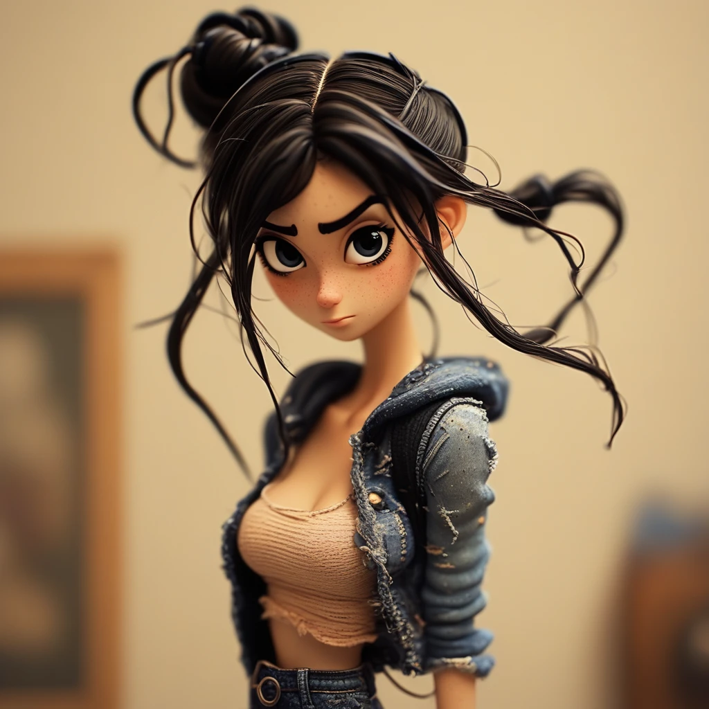 torn_clothes, hair_bun, black_hair, portrait, breasts, thick_eyebrows, floating_hair, nose, hood, ponytail, hair_between_eyes, overalls, jewelry, blue_scarf, messy_hair, denim_jacket