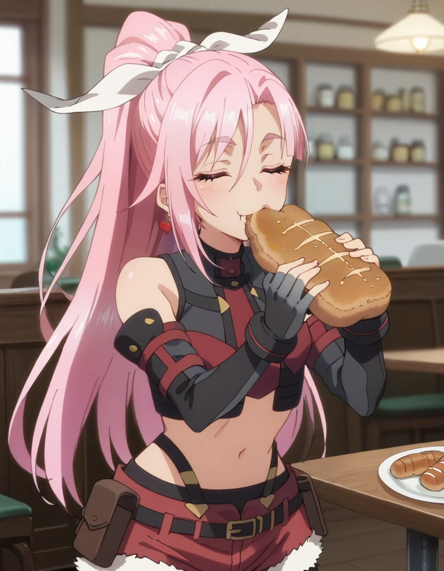 score_9, score_8_up, score_7_up, source_anime, BREAK
1girl, solo, looking at viewer, blurry background, happy, eating, cowboy shot, 
liz smart, dark skin, long hair, pink hair, hair ribbon, high ponytail, red eyes, heart earrings, eating bread, bread, ^_^, closed eyes, 
crop top, bare shoulders, detached sleeves, long sleeves, fingerless gloves, midriff, navel, fur-trimmed shorts, pouch,
restaurant, 
<lora:liz_smart_anime-soralz:1>