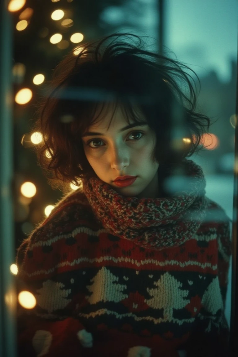 A captivating 35mm film shot unfolds, and the camera captures a young woman in a seductive pose through a frosted window. ((Wearing a thick Christmas sweater, she looks directly at the viewer with her sharp black eyes, her pale skin glows under her short hair, partially obscuring her face. The soft lighting illuminates her sweet smile)),  In particular, the glass surface of the front window in front of the frame is a transparent glass reflection and glass refraction, and the frost pattern formed by the frozen frost forms a gradient on the glass surface, emphasizing the cozy atmosphere beyond the window. The extremely low angle (1.4) and high contrast HDR (1.2) further emphasize the wonder and mystery of the image, transporting the viewer into a dreamy and transcendent fantasy world.