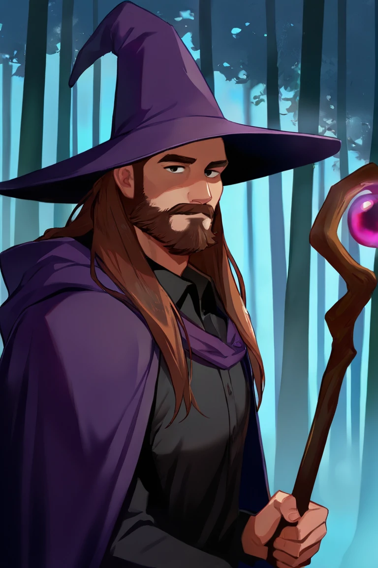 masterpiece, best quality, highres, newest, 1boy, solo, male focus, mature male, wizard, long hair, brown hair, black eyes, looking at viewer, hat, facial hair, beard, mustache, staff, wizard hat, purple hat, black shirt, collared shirt, robe, purple robe, hooded cloak, holding, holding staff, upper body, closed mouth, standing, outdoors, forest, nature, tree, fog, dark background <lora:Ani-B - Basic [LoRA] - NoobAI-XL EPS 1.0:0.8>