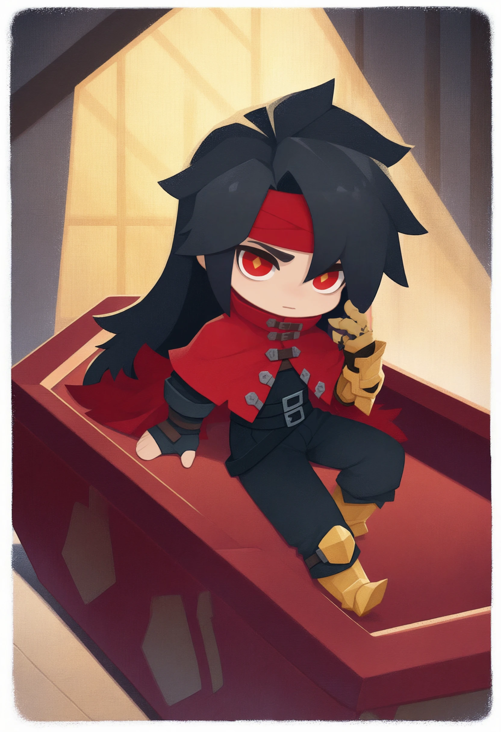 masterpiece, best quality, solo, 1boy, looking at viewer,  <lora:style_onmyoji_illustriousXL-GLoRA:1>, onmyojistyle, chibi, white border, diamond-shaped pupils, <lora:Vincent-valentine-illus_Fp:1>, vincentff7, black hair, red eyes, long hair, red headband, red cloak, buckle, black shirt, black pants, single gauntlet, multiple belts, single fingerless glove, sitting, indoors, coffin, armored boots, basement,