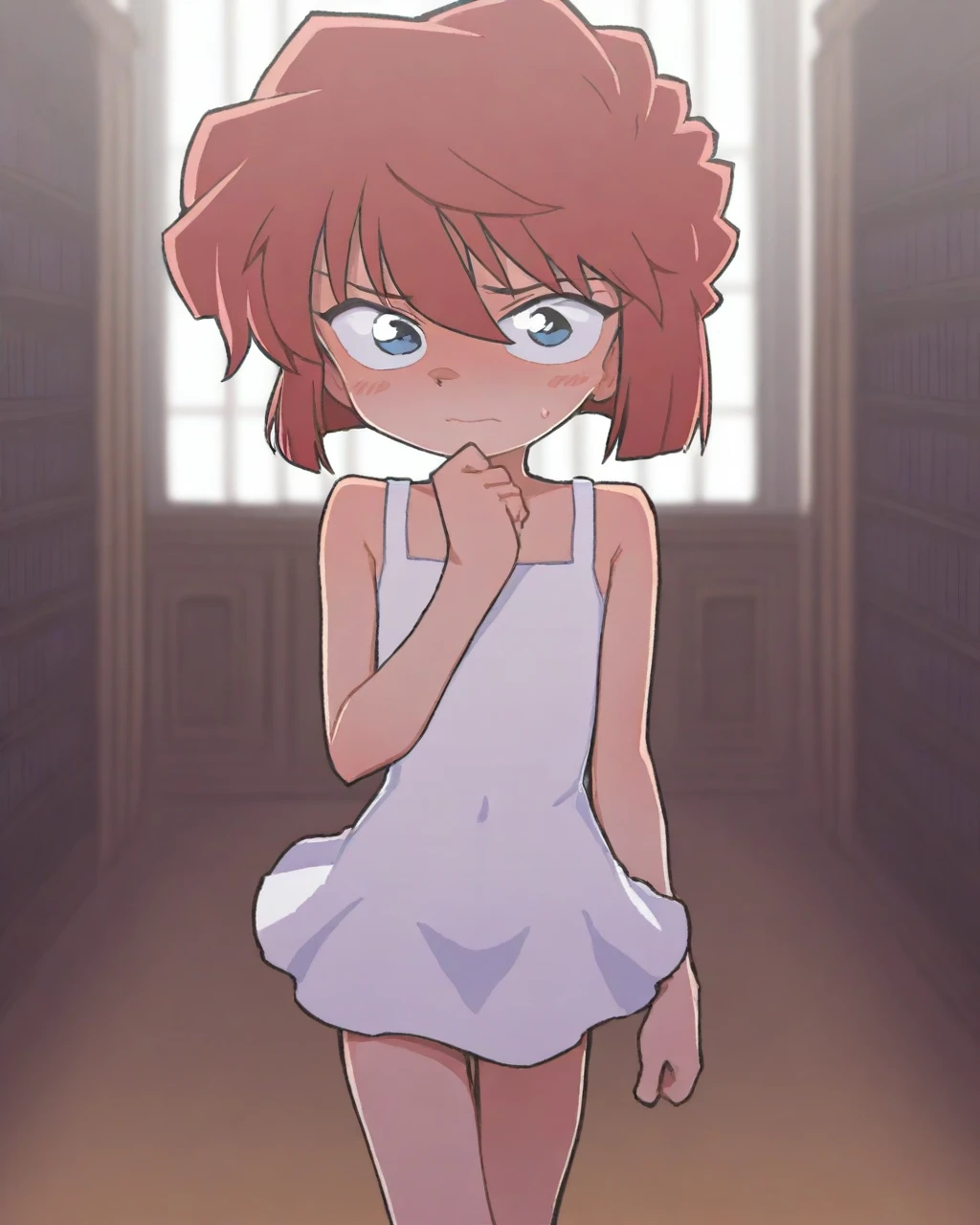 masterpiece, best quality, 1girl, orenji, female child, solo, aihaibara, red hair, short hair, blue eyes, {white short dress|student uniform|t-shirt, short shorts}, {standing|sitting|walking}, {smile|happy|embarrassed, blush|sad}, {looking at viewer|looking away}, {city|living room, window, cloudy|library, window|classroom}