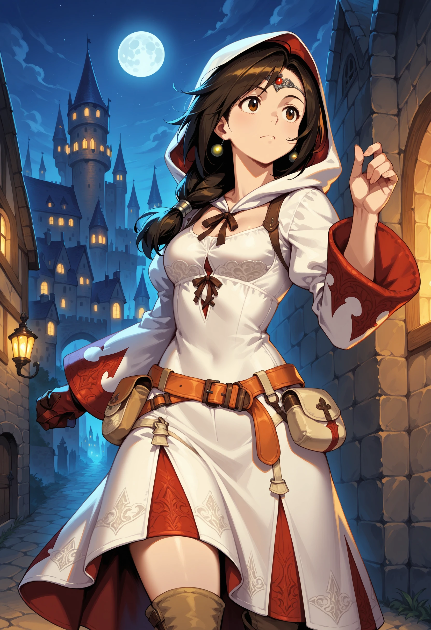 masterpiece, best quality, garnet til alexandros xvii, full moon, white mage, boots, belt, hood, pouch, robe, belt pouch, circlet, <lora:WhiteMageIL:1>, night, castle, on top of castle wall, running, cityscape, medieval, village, hood up, solo, cowboy shot, upper body, long hair, hair over shoulder,