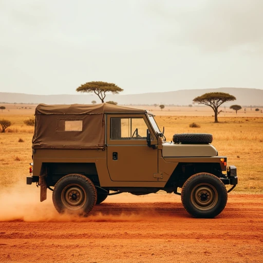 Imagine an image in the style of cinematic photorealism: A Land Rover Lightweight traverses the African savanna, its olive drab paint blending with the arid landscape. Acacia trees dot the horizon as it kicks up a trail of red dust. A roof-mounted jerry can and spare tire underscore its utilitarian design.