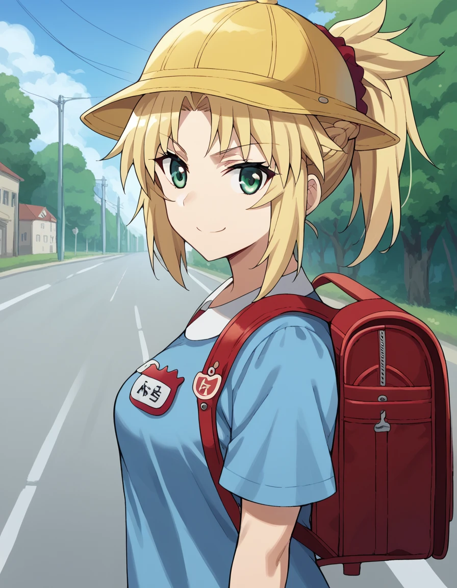 score_9, score_8_up, score_7_up, source_anime, <lora:mordred-apocrypha-s1-ponyxl-lora-nochekaiser:1>, mordred, green eyes, blonde hair, ponytail, short hair, scrunchie, red scrunchie, hair scrunchie, medium breasts,, <lora:kindergarten-uniform-ponyxl-lora-nochekaiser:1> kindergarten uniform, school hat, yellow hat, randoseru, backpack, red bag, blue shirt, name tag, skirt, pleated skirt,, smile, street, houses, road, from side, looking at viewer, holding strap, cowboy shot,