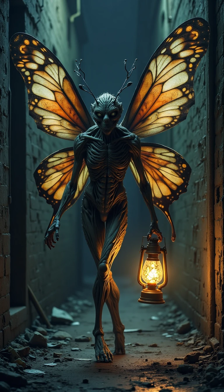 In a foreboding, dimly lit alley, where the walls seem to close in with every step, a creature of unholy union lurks in the shadows. The Butterfly Abomination stands at an unsettling height of around 7 feet, its humanoid body a twisted merging of flesh and chitinous plates. Iridescent wings, akin to those of a monarch butterfly, sprout from its back, their delicate beauty corrupted by the dark, almost black veins that pulse with an otherworldly energy.
Its skin is a mottled blend of pale human flesh and the mottled, camouflage-like scales of a butterfly's wings, allowing it to blend into the shadows with uncanny ease. The face is a grotesque parody of human features, with bulging, black-rimmed eyes that seem to absorb the faint, flickering light of the alley's lone, rusty streetlamp. A proboscis-like tongue licks at the air, tasting the heavy scent of decay and corruption that clings to the air like a miasma.
As the creature moves, its wings flutter with a jerky, unnatural motion, sending tiny, shimmering scales drifting through the air like malevolent sparks. It pads silently through the alley, its bare, human-like feet making barely a sound on the grimy, trash-strewn ground. A faint, pungent smell of rot and decay clings to its form, as if it is a magnet for the very corruption that festers in every dark crevice of the city.
In its hand, the Butterfly Abomination grasps a tattered, cobweb-shrouded lantern, its flame casting eerie, jerky shadows on the walls as it searches for its next victim. The lantern's glass is etched with strange, swirling patterns that seem to shift and writhe like living things, as if they are feeding off the darkness itself. As the creature moves, its wings create a hypnotic, pulsing rhythm, drawing the unwary deeper into the heart of its dark realm, where terror and madness await.