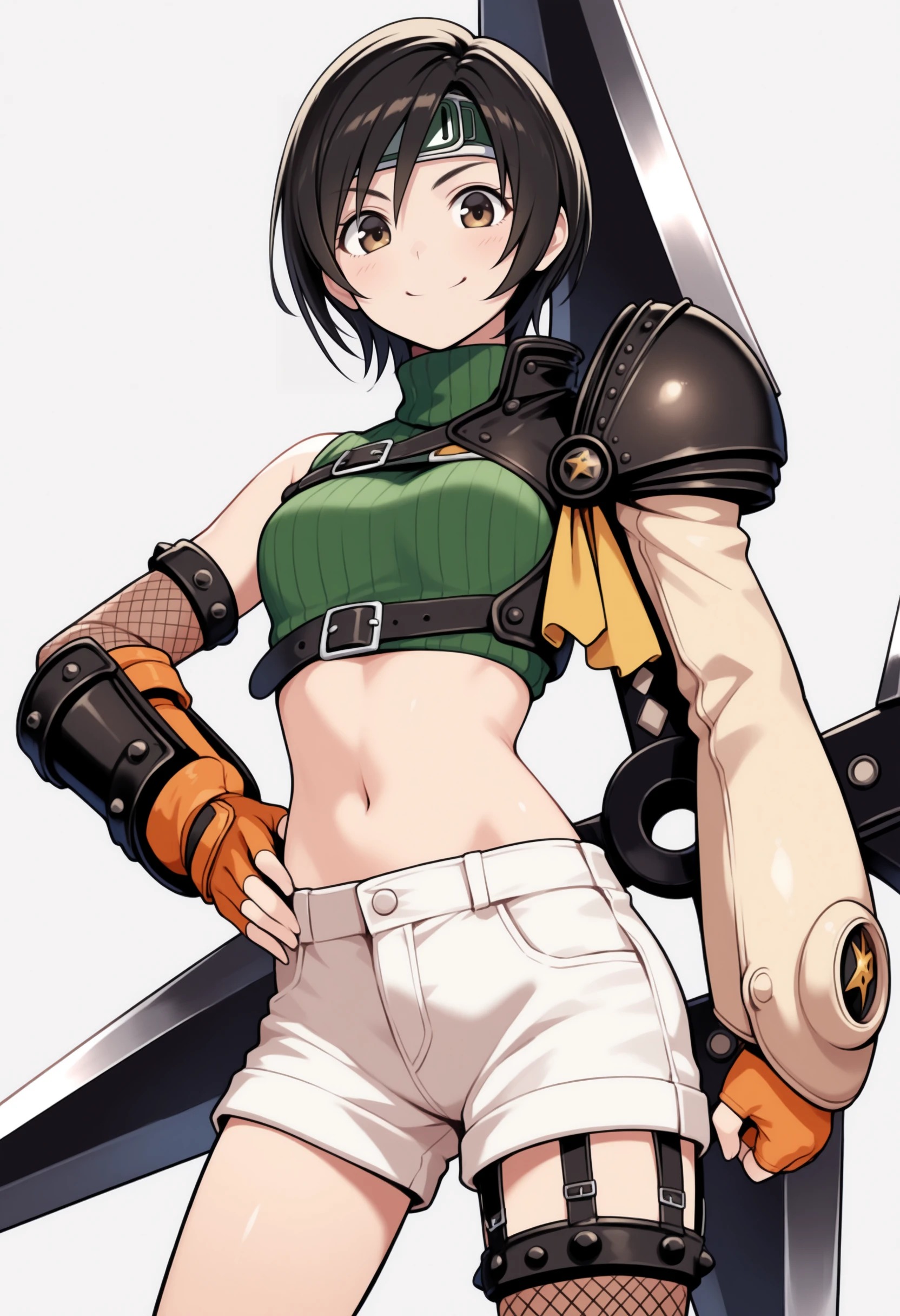 masterpiece, best quality, solo, 1girl, smile, looking at viewer, <lora:Yuffie-illus_Fp:1>,  yuff7, short hair, black hair, brown eyes, forehead protector, green turtleneck, midriff, single pauldron, chest strap, single arm guard, orange gloves, fingerless gloves, white shorts, fishnets,  hand on own hip, huge weapon, shuriken, holding weapon,