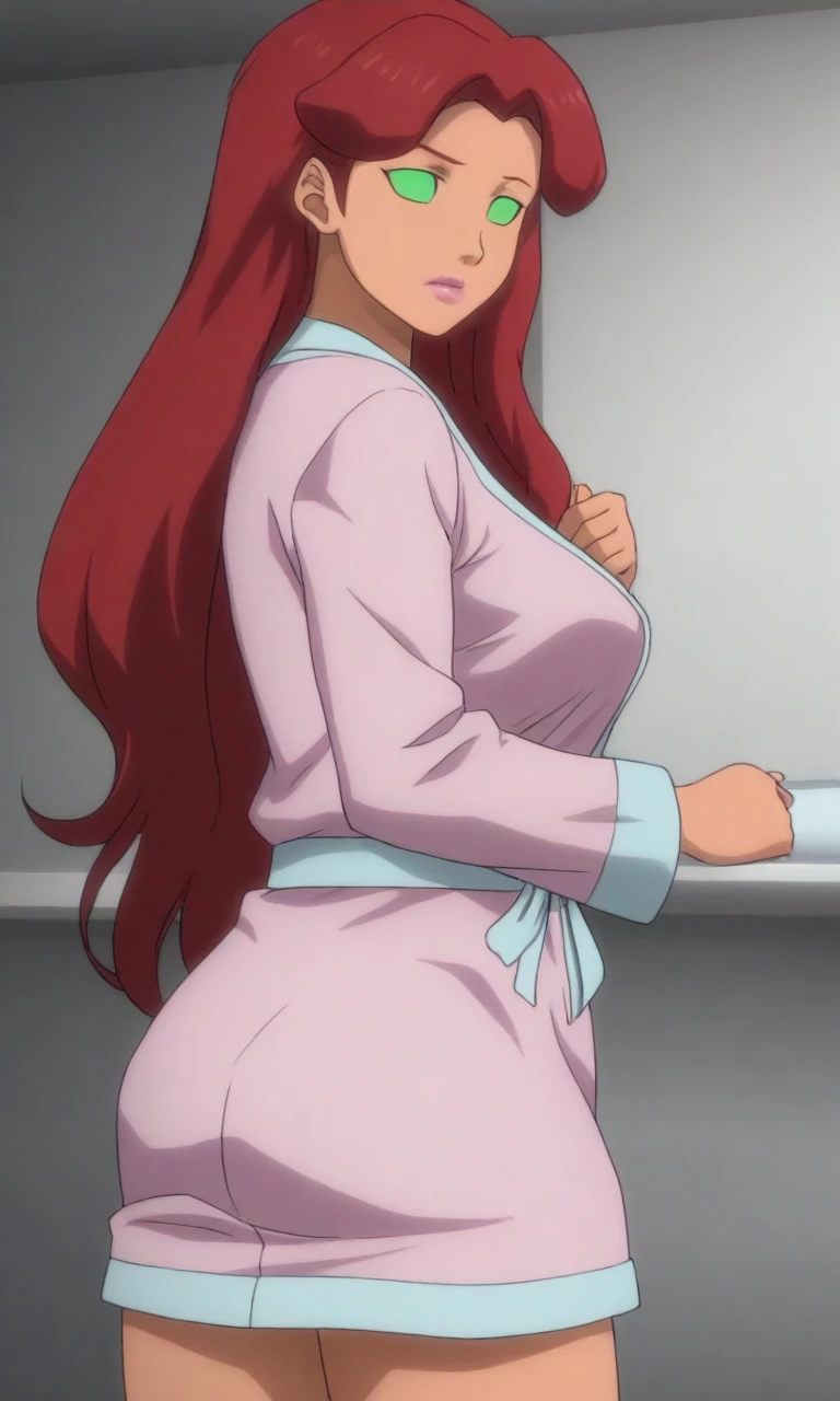 STARKoriandr, 1girl, solo, breasts, red hair, long hair, green eyes, no pupils, pink bathrobe, from behind, 