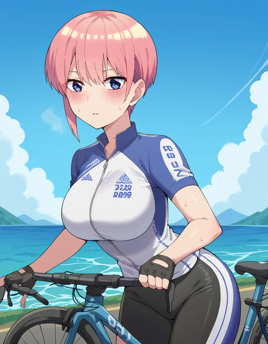 score_9, score_8_up, score_7_up, source_anime, <lora:ichika-nakano-s2-ponyxl-lora-nochekaiser:1>, ichika nakano, short hair, bangs, blue eyes, hair between eyes, pink hair, pixie cut, large breasts, <lora:cycling-uniform-ponyxl-lora-nochekaiser:1> cycling uniform, bicycle, bike jersey, bike shorts, biker clothes, fingerless gloves, gloves, road bicycle, short sleeves,, road, mountains, ocean, blue sky, clouds, bent over, parted lips, sweat, steam, blush, cowboy shot,