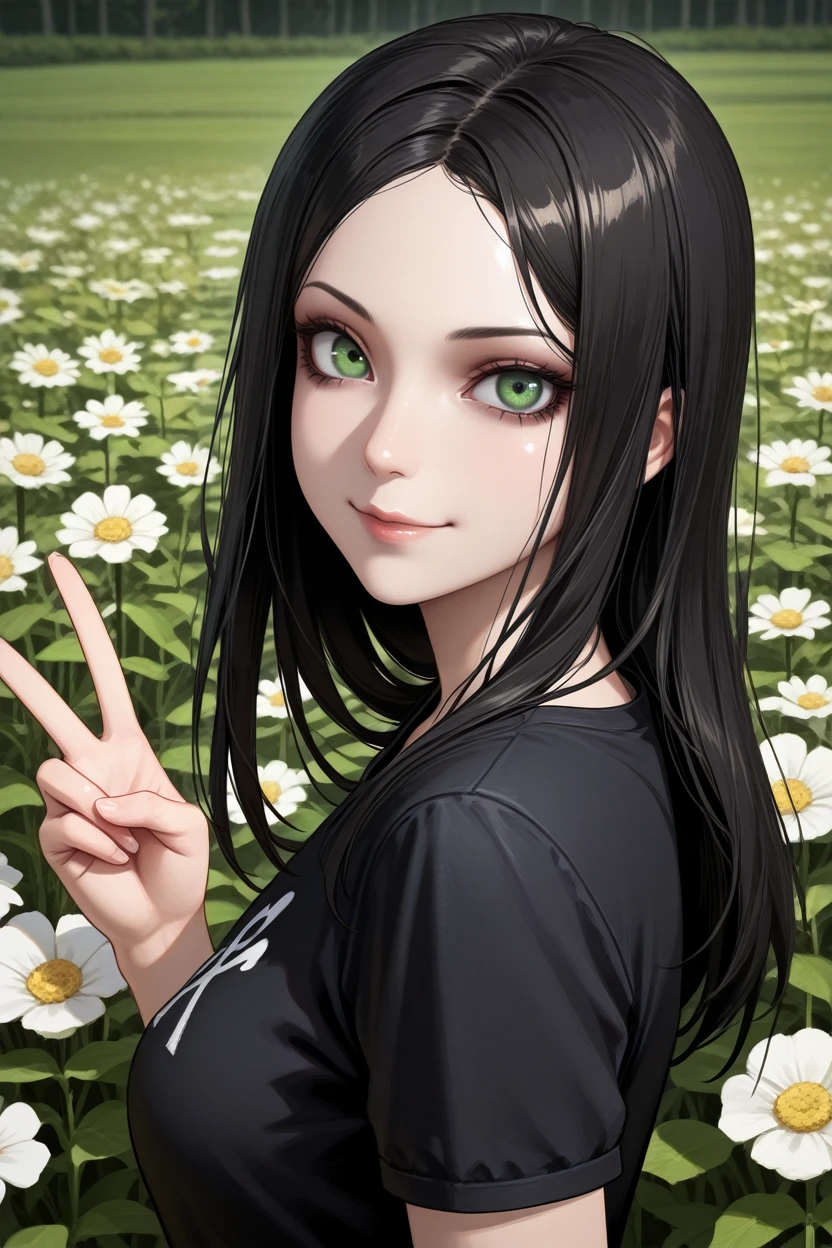 masterpiece, best quality, absurdres,
<lora:AliceMadness:1.0>
AliceMadness, 1girl, black hair, long hair, green eyes, looking at viewer, looking at viewer, from side, wink, happy, smile, closed mouth, peace sign, flowers, meadow