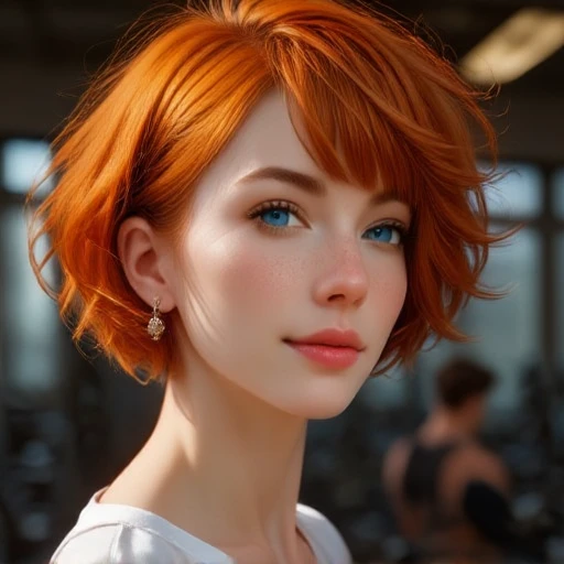 beautiful woman, orange hair, pale skin, short messy hair, high volume hair, [[freckles]], seductive attire, green eyes,  details, realistic style photo caucasian  young woman,outstanding style, tall, ((cute)), adult. Use soft lighting to cast gentle shadows on the subject, adding a touch of dimension to your images without compromising details, Trigger Word: DeepDrops, deepenPears,