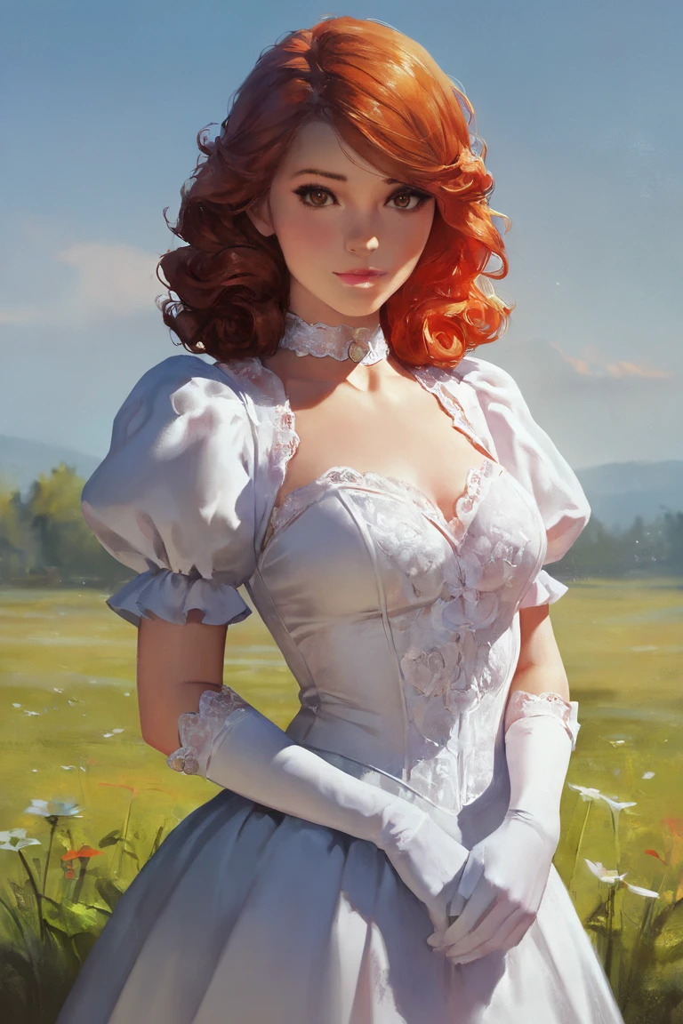 masterpiece, best quality, highres, newest, concept art, realistic, 1girl, solo, medium hair, curly hair, wavy hair, orange hair, swept bangs, brown eyes, lips, lipstick, looking at viewer, medium breasts, choker, medium dress, white dress, lace trim, puffy sleeves, puffy short sleeves, short sleeves, gloves, elbow gloves, white gloves, hand up, cowboy shot, closed mouth, standing, outdoors, field, flower, grass, plant, sky <lora:Concept Art Moonlight [LoRA] - NoobAI-XL EPS 1.0:0.8>