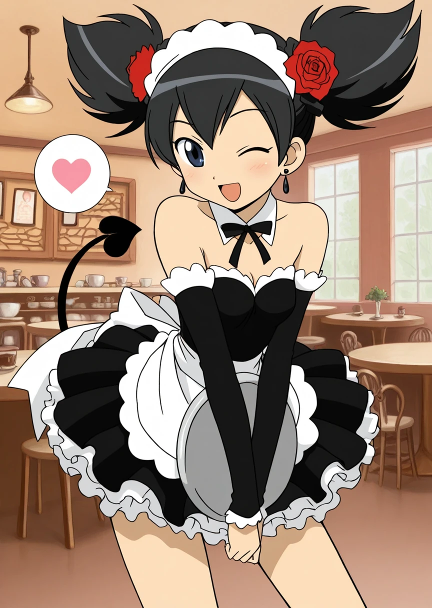 masterpiece, best quality, Kurumi nui, onegai my melody, 1girl, solo, blue eyes, black hair, earrings, jewelry, hair flower, high twintails, detached sleeves, ribbon, bare shoulders, strapless, happy, tail, cafe, maid outfit, maid headdress, tray, wink, one eye closed, spoken heart, 