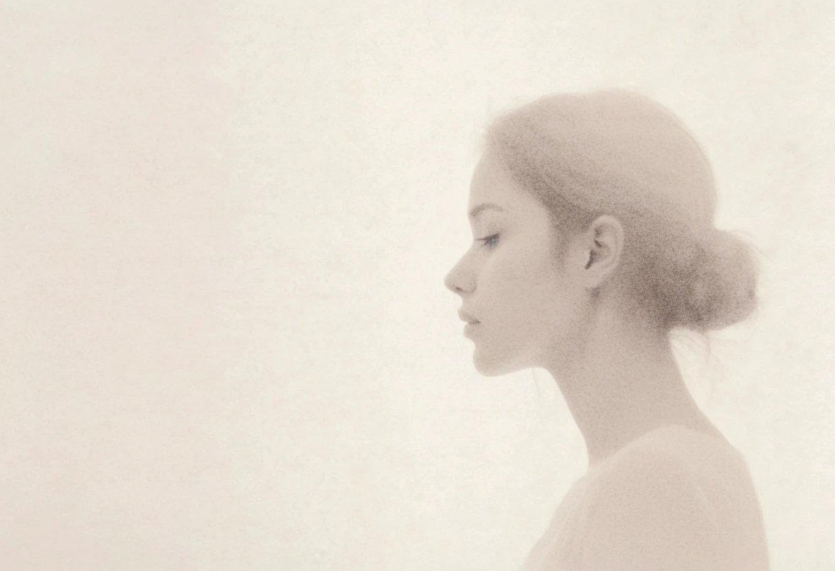 an aesthetic, minimalist depiction of a female profile in side view. The focus is on the soft contours and calm, monochromatic tones. The scene feels mystical and dreamy, almost as if viewed through a delicate mist, with gentle light accentuating the silhouette. The background is diffuse and creamy white, drawing attention to the elegant simplicity of the figure.