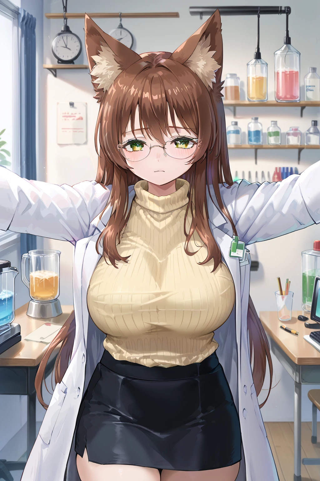 score_9, score_8_up, score_7_up, source_anime, BREAK, blush, indoors, lab, lab coat, glasses, fox ears, closed mouth, green eyes, long hair, large breasts, ribbed sweater, yellow sweater, pencil skirt, black skirt, <lora:Kabedon On Viewer V3 Pony:1.0>, (kabedon on viewer), <lora:Futon7979 V2 Pony:0.6>