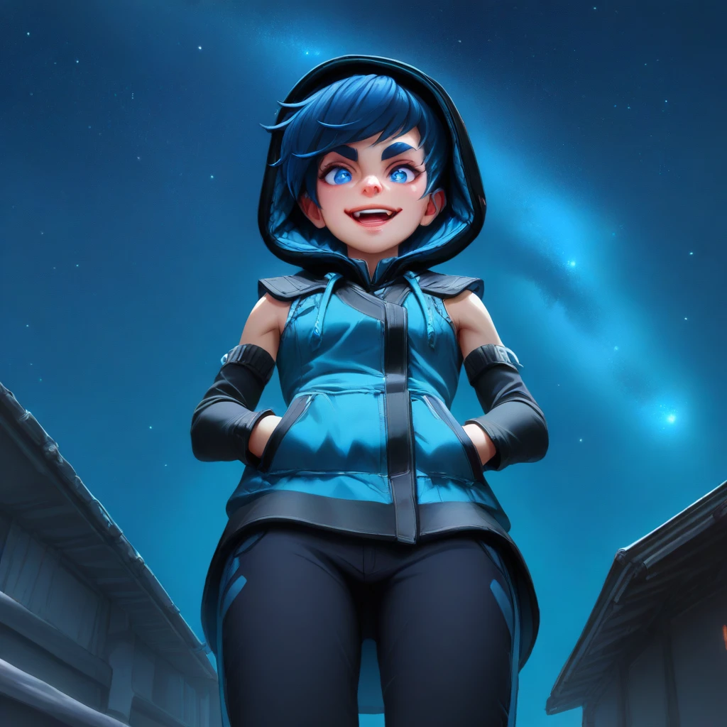 photogenic, masterpiece, 1440p, 8k, UHD, amazing quality, high resolution, traditional media, AvaBL3, solo, hood, blue eyes, 1girl, blue hair, from below, hands in pockets, smile, looking at viewer, short hair, star (sky), night, pants, hood up, sky, open mouth, looking down, thick eyebrows, detached sleeves, sleeveless hoodie, lips, hoodie, sleeveless jacket, teeth