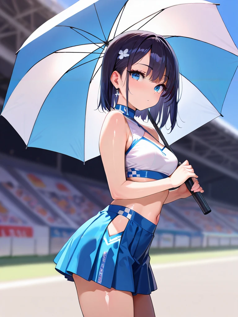 masterpiece,amazing quality,best quality,ultra-detailed,8K,illustration,CG,shiny hair,clear skin,ultra-detailed-eyes,ultra-detailed-background,cute girl, eyelashes <lora:race queen_illustrious_V1.0:1> race queen, skirt, midriff, crop top, umbrella