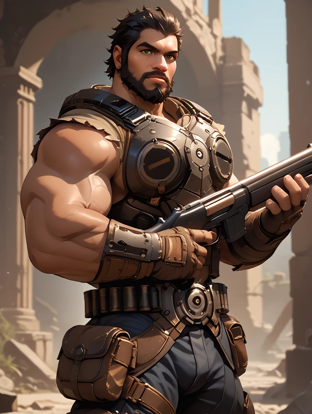 <lora:FullBeard_DomSantiago_PonyXL-09:0.95> domsantiagofullbeard, armor, black pants, beard, black hair, short hair, brown skin, muscular, bara, brown eyes, ruins, holding shotgun, shotgun, trigger discipline, looking at viewer, score_9, score_8_up, score_7_up, score_6_up,