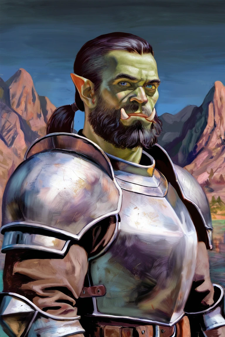 masterpiece, best quality, highres, newest, dreampainting, traditional media, realistic, 1boy, solo, male focus, mature male, orc, colored skin, green skin, tusks, blue eyes, medium hair, black hair, hair slicked back, ponytail, facial hair, beard, mustache, looking at viewer, full armor, shoulder armor, breastplate, pauldrons, upper body, closed mouth, standing, outdoors, mountain, night, night sky, dark background <lora:Dream Painting [LoRA] - NoobAI-XL EPS 1.0:0.8>