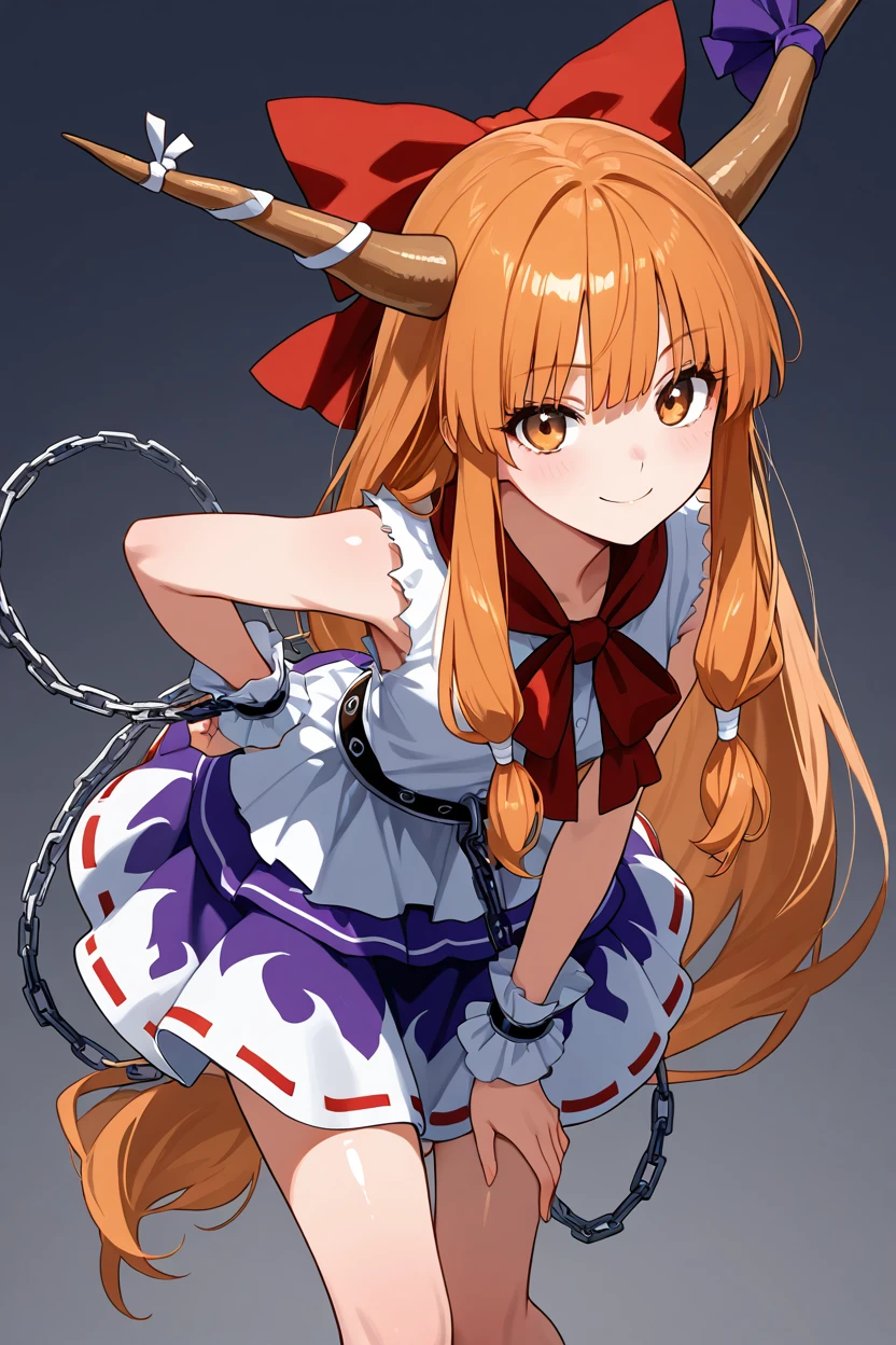 masterpiece, best quality, 1girl, solo, 21 year old model, eyelashes, (beautiful eyes),     ,,, <lora:IbukiSuikaTouhouIXL:1.0>, zzSuika, brown eyes, hair bow, horns, long hair, low-tied long hair, oni horns, orange hair, very long hair, horn ribbon,  sleeveless shirt, wrist cuffs, bow, ribbon, horn ornament, sleeveless, chain, skirt, shirt, , cowboy shot, leaning forward, smile, looking at viewer, shiny skin,