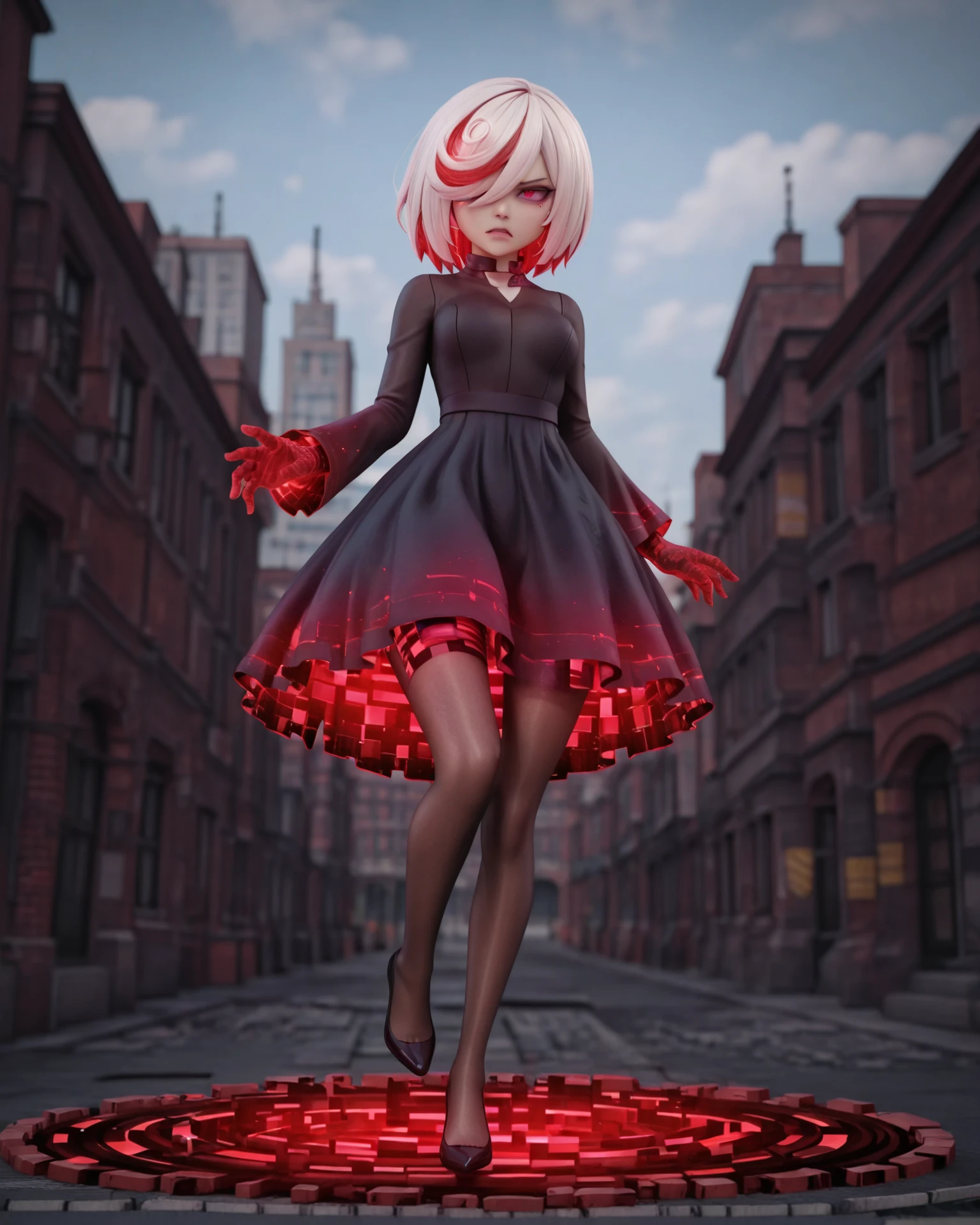 masterpiece, best quality, rating:safe, 1girl, solo, {redsage, white hair, red hair, multicolored hair, hair over one eye, black dress|bluesage, white hair, blue hair, multicolored hair, hair over one eye, white dress}, {pantyhose,|,} {mary jane,|,} digital dissolve, {smile|expressionless|grin|angry}, {standing|floating|sitting}, {valley, mountain, sky cloudy|palace|city|universe}