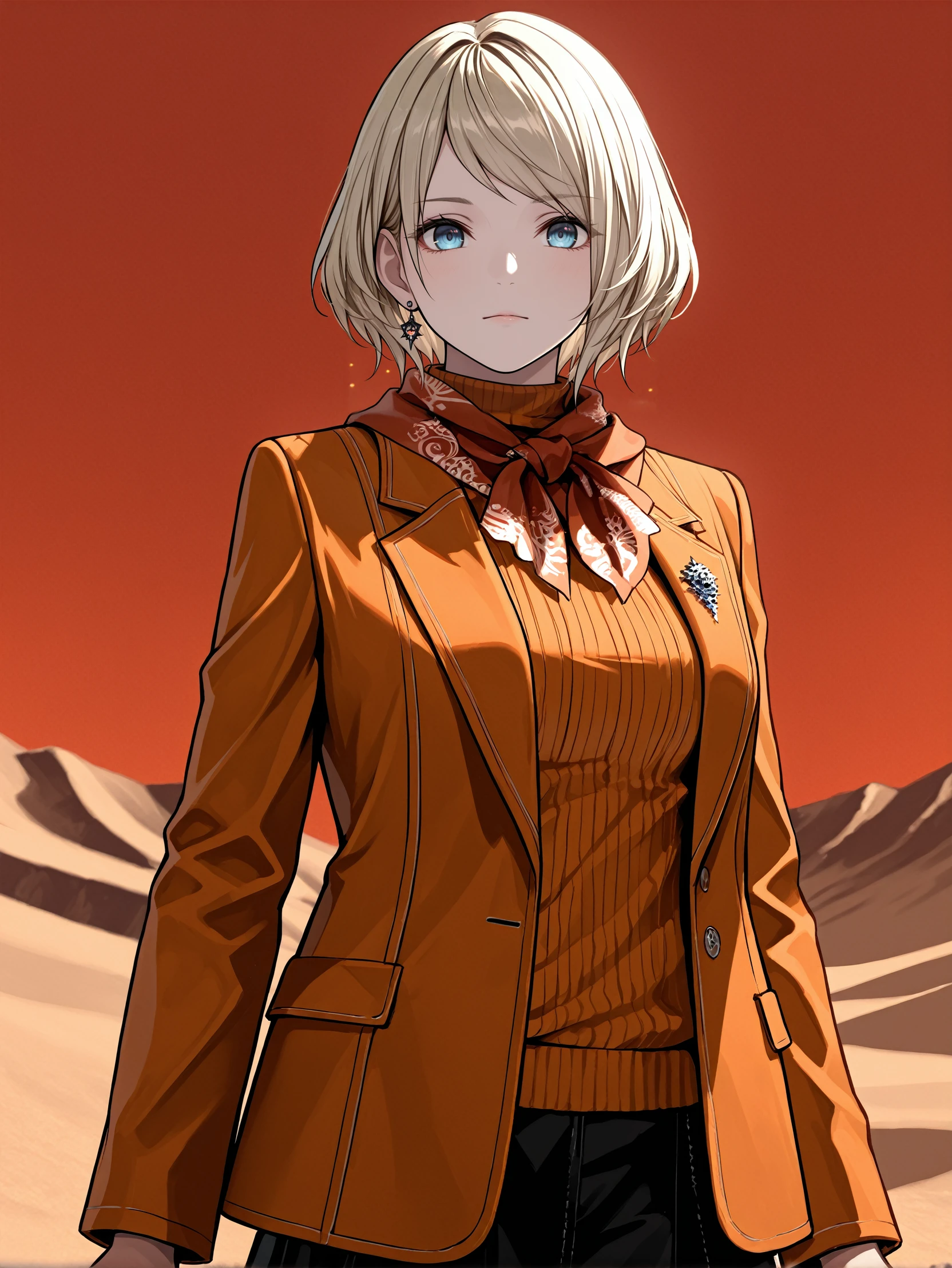 masterpiece, best quality, absurdres,
<lora:RE4Ashley:1.0>
RE4Ashley, 1girl, blonde hair, short hair, blue eyes, looking at viewer, stands beneath a blood-red sky in a moonlit desert