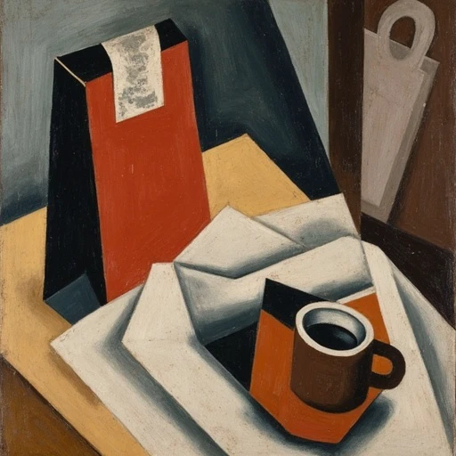 a JuanGris painting still life style of coffe bag and cup of coffee