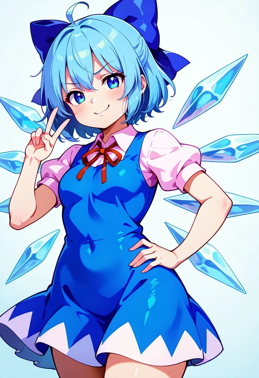 zzCirno, blue eyes, hair between eyes, ahoge, blue hair, hair bow, short hair, blue dress, puffy short sleeves, white shirt, bow, wings, ice, short sleeves, ice wings, dress, smug, (v), hand on hip, 
,medium breasts, curvy, smile, looking at viewer, pretty background, dynamic pose,