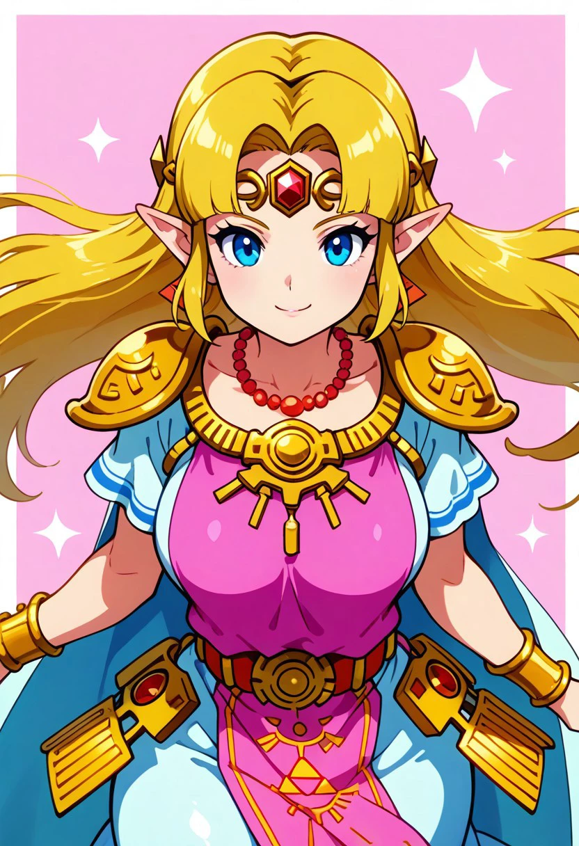 zzUZelda, blonde hair, jewelry, dress, pink tabard, triforce, circlet, armor, earrings, necklace, shoulder armor, tiara,
,curvy, smile, looking at viewer, pretty background, dynamic pose,