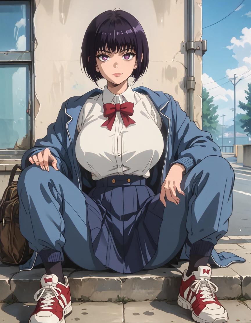 1girl,solo,outdoors,full body,(huge breasts:1.2),TarotCard Style,full body,<lora:hana-sunomiya-s2-ponyxl-lora-nochekaiser:1>,hana sunomiya,short hair,bangs,black hair,purple eyes,pixie cut,school uniform,white shirt,jacket,skirt,score_9,score_8_up,score_7_up,score_6_up,source_anime,highly detailed,smirk,sitting,showing_legs,legs apart,sneakers,smelly sneakers,<lora:OldAnimeStyle_XL_v3:0.6> Vintage, 1990s \(style\),