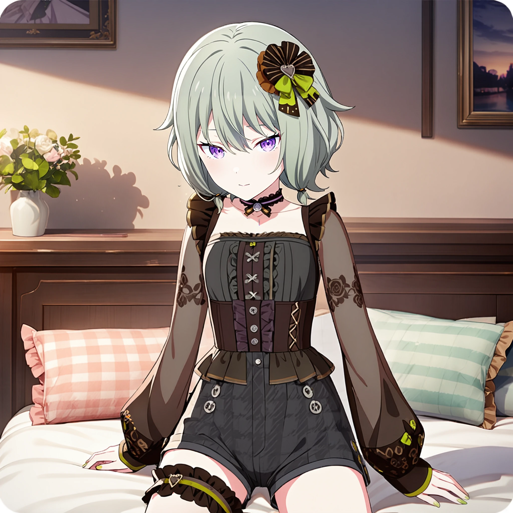 1girl, kusanagi nene, project sekai, masterpiece, very aesthetic, absurdres, official art,
valentine nene, green short hair, wolf hair, purple eyes, 
looking at viewer, reaching towards viewer, sitting on bed, head tilt, BREAK
black shorts, long sleeves, black shirt, choker, hair ornament, frills, bridal garter, high-waist shorts, puffy sleeves, bow, brown shirt, puffy long sleeves, thigh strap, sleeves past wrists, short shorts, see-through sleeves, hair bow, jewelry, green bow, frilled choker, corset, 
indoors, kawaii room, black and brown color room, dusk, warm light,
 <lora:sdxl-ws-ValentineNene01:0.9:lbw=0,0,0.2,0.2,0,0.4,0.4,0,0.8,0.8,0,0,0,0.8,0.8,0.6,0.8,0.0,0.0,0.0,0,0,0,0,0,0>