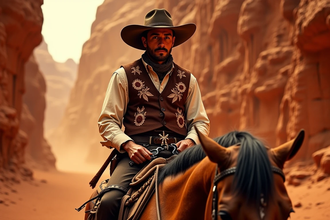 ovtlawz, a Texan-Mexican outlaw rides through a narrow canyon, his sombrero casting a shadow over his chiseled features. His embroidered leather vest and woven sash mark his heritage, while his ammunition belt and revolvers declare his outlaw status. He sits tall in the saddle, his hand resting on the pommel of his saddle as his horse’s hooves kick up red dust. The lighting is golden, reflecting off the sandstone and casting a reddish glow on his weathered face.