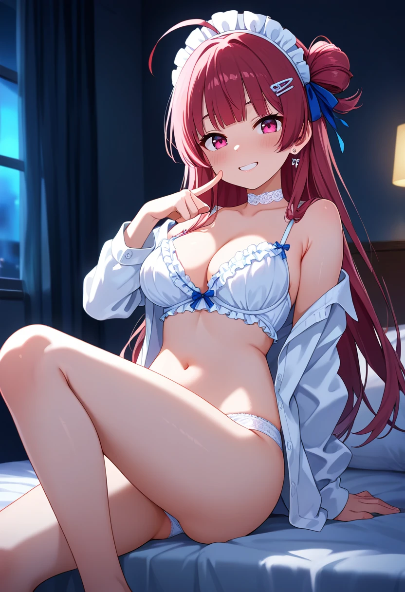 masterpiece, best quality, absurdres, very aesthetic, sensitive,
1girl, solo, navel, long hair, looking at viewer, sitting, pink eyes, bare shoulders, stomach, off shoulder, maid headdress, open clothes, hair ornament, grin, hair bun, open shirt, long sleeves, indoors, white shirt, hairclip, thighs, collarbone, bangs, frills, spaghetti strap, curtains, cleavage, closed mouth, side bun, pillow, blush, midriff, hand up, finger to mouth, white choker, earrings, feet out of frame, blue bow, bare legs, armpit crease, very long hair, arm support, lips, blunt bangs, pointing at self, pink hair, on bed, index finger raised, one side up, window, white bra, blue ribbon, finger to cheek, knee up, pointing, eyebrows visible through hair, large breasts, underwear, sidelocks, hair ribbon, white camisole, bed, frilled bra, white panties, red hair, headdress, ass, night, lingerie, ahoge, (dark room, dark:1.4), luxury furniture, rim lighting, chromatic aberration, bokeh, volumetric lighting, depth of field,