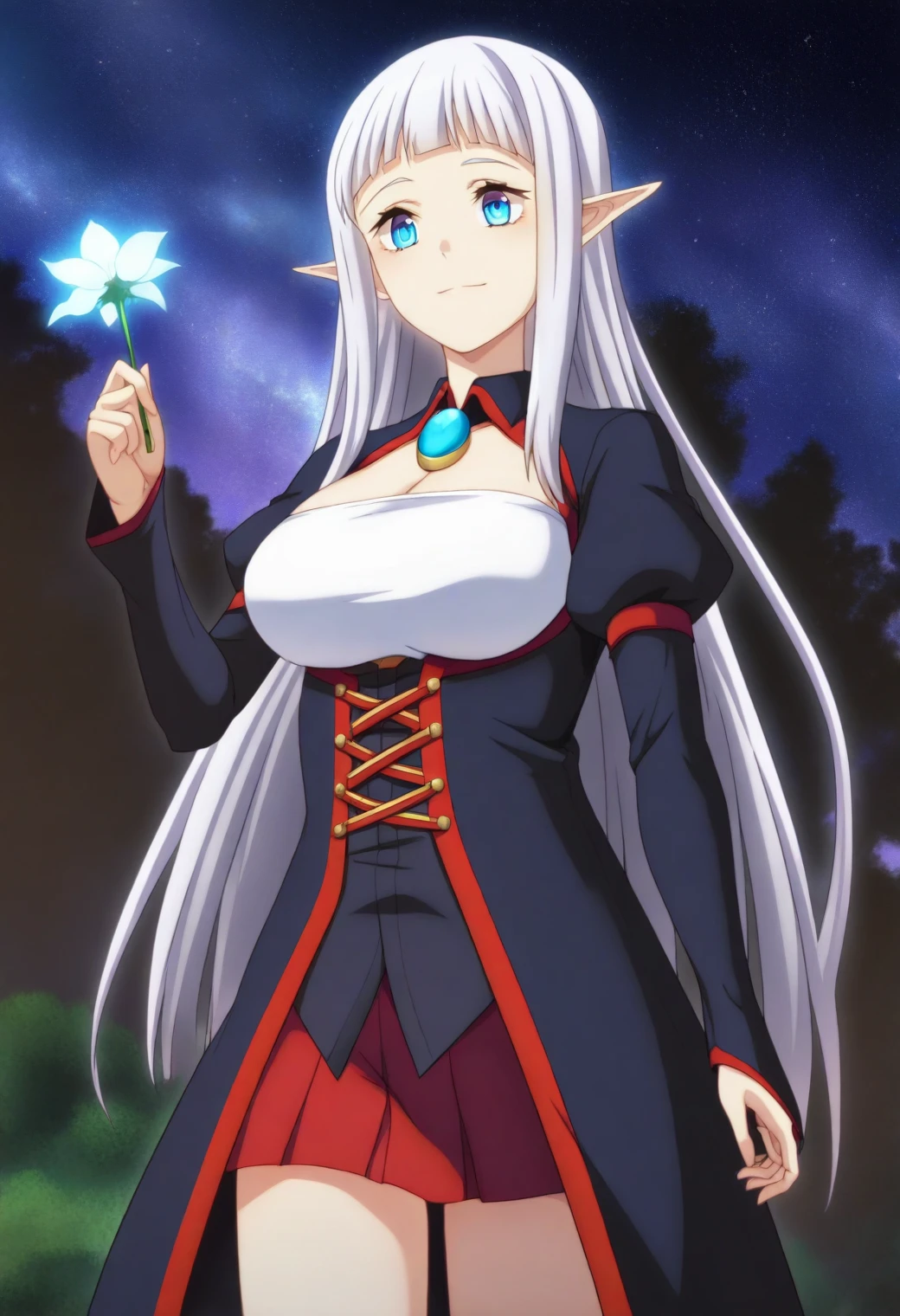 <lora:Lu - [Farming Life in Another World] - illustriousXL v1:1>, sysdeep_lu, silver hair, blue eyes, celestial garden, picking glowing flowers, starlit sky, flowing cape, serene joy