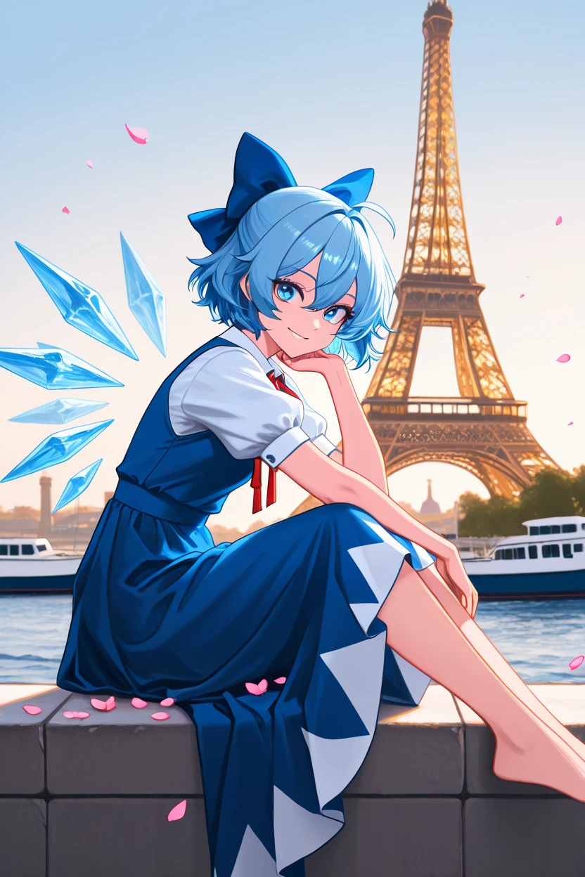 masterpiece, best quality, 1girl, solo, 21 year old model, eyelashes, (beautiful eyes),     ,,, <lora:CirnoTouhouIXL:1.0>, zzCirno, blue eyes, hair between eyes, ahoge, blue hair, hair bow, short hair, blue dress, puffy short sleeves, white shirt, bow, wings, ice, short sleeves, ice wings, dress,,,, zzEiffelTower in background, sitting, watercraft, boat, sitting on wall, side view, looking at viewer, smile,,, blooming stars, luminescent petals, otherworldly fragrance blurry background, <lora:EiffelTowerIXL_v2:1.0>,