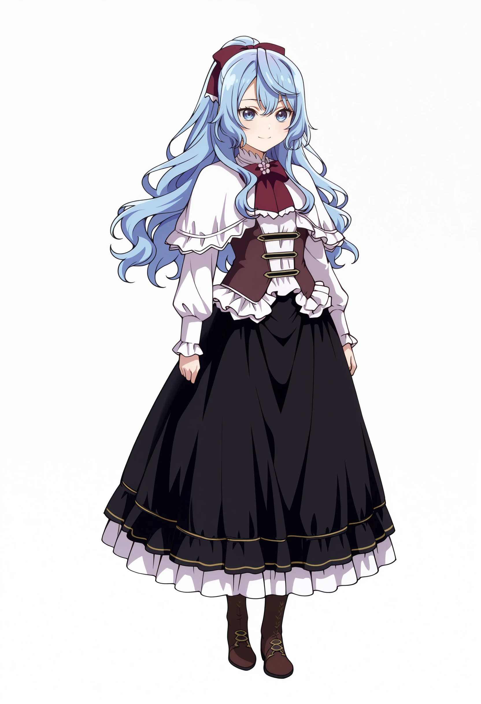 best quality, masterpiece \(quality\),
liselotte cretia, blue hair, hair bow, 
white capelet, long sleeves, vest, white shirt, long skirt, black skirt,
smile, closed mouth, 
1girl, solo,
full body, standing, arms at sides, 
white background, simple background,
 <lora:faux-liselotte-cretia-mixed4-illu-lora-rank128a32-came-attn:1.0>