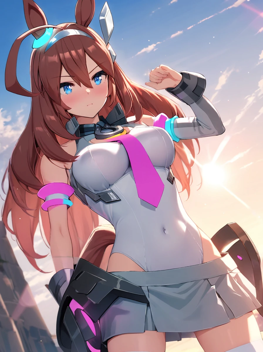 masterpiece, best quality, 
mihono bourbon \(umamusume\), 1girl, horse ears, horse tail, white thighhighs, white leotard, detached sleeves, grey hairband, blue ear ornament, grey hair ornament, lowleg skirt, grey footwear, pink necktie, neck chorker, arm ring
blue sky,sun,cowboy shot,light rays,lens flare,light particles,dynamic pose,dynamic angle,
 <lora:SDXL_mihono_bourbon_v1.01:0.85>