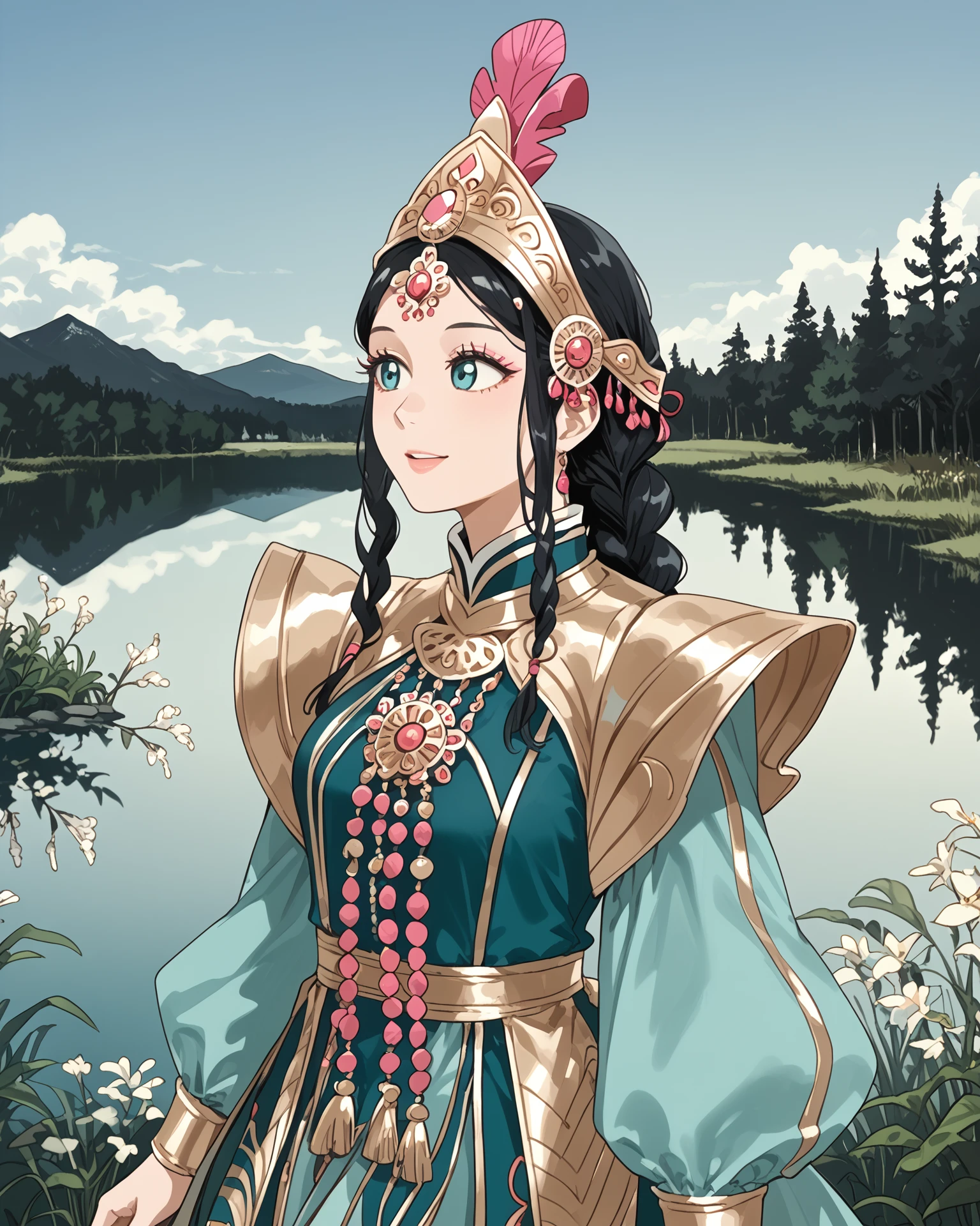 1girl, wearing yakutfa, yakutfa clothes, beautiful scenery, shimmering lake, long hair, braid, black hair, pinks and greens, extremely detailed clothing, headdress, digital art, masterpiece, absurdres, highest quality, score_9, score_8_up, score_7_up,   <lora:Yakut_Fashion_XL:1>,   <lora:farfinfarfin:1>, farfinfarfin