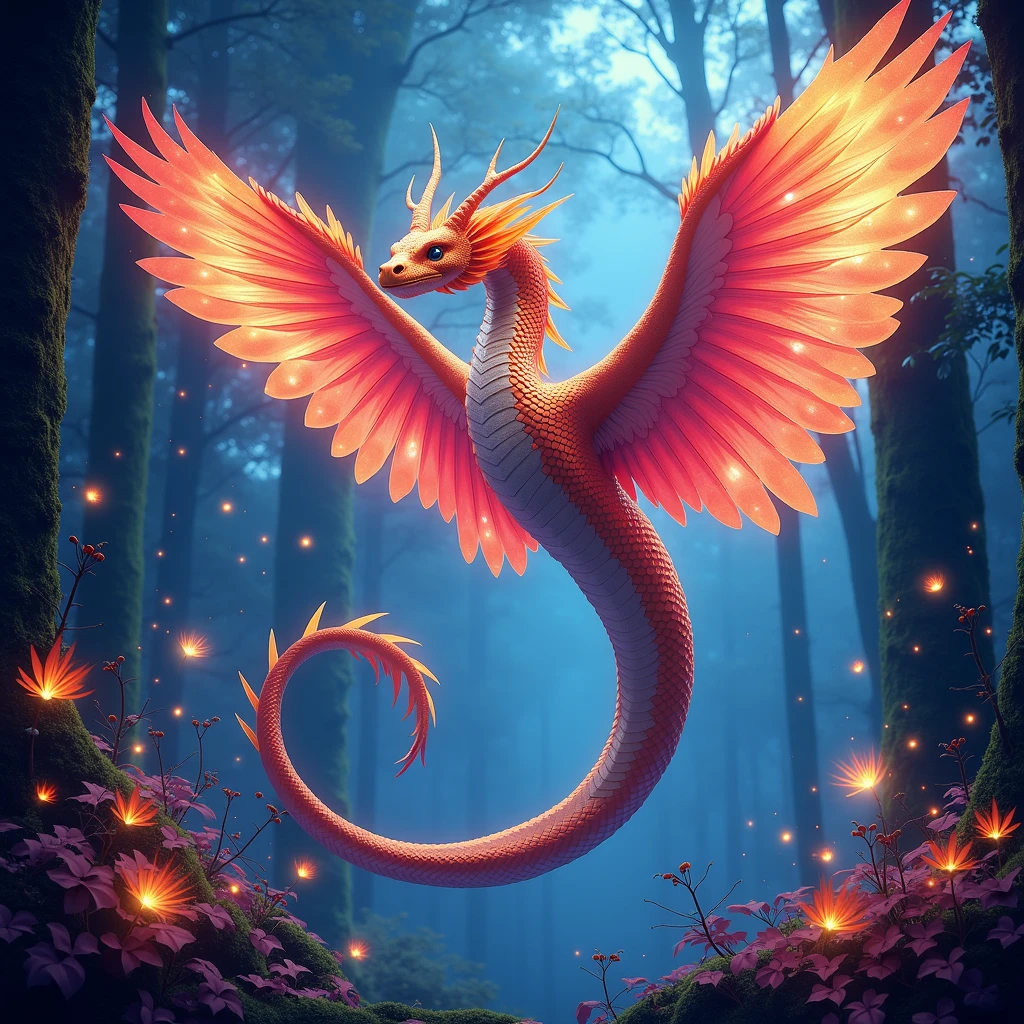 flying serpent painting, impressionist ambience , beautiful and surreal, with luxurious sharp focus, intense vibrant colors, dynamic shadows, dramatic lighting, soft shadows, in the early morning, blue hour,  cinematic flying serpent is erched gracefully on a delicate, interesting sky mystical open space. Its iridescent wings shimmer in various hues of ruby red, golden and silvery majestic colors, catching the soft, magical light filtering through the ancient trees. the creature scales gleam like precious gems, reflecting the vibrant colors of the surrounding flora, volumetric lighting,  The background is filled with ethereal wisps of light, fireflies dancing in the air, and mysterious, glowing plants that add to the otherworldly atmosphere. The scene should evoke a sense of wonder and fantasy, with intricate details that draw the viewer into this magical realm." <lora:windserpents:1> fsp, fsx, fxs