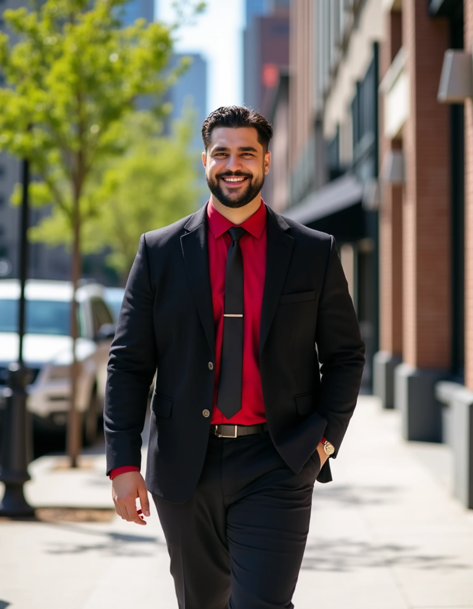 fr4nk4lv4r3z photo of a man walking on a city sidewalk. he is handsome. he is wearing a black blazer. he is wearing a red dress shirt with a black tie. he is wearing black slacks. he is smiling. the city is a sunny day. 