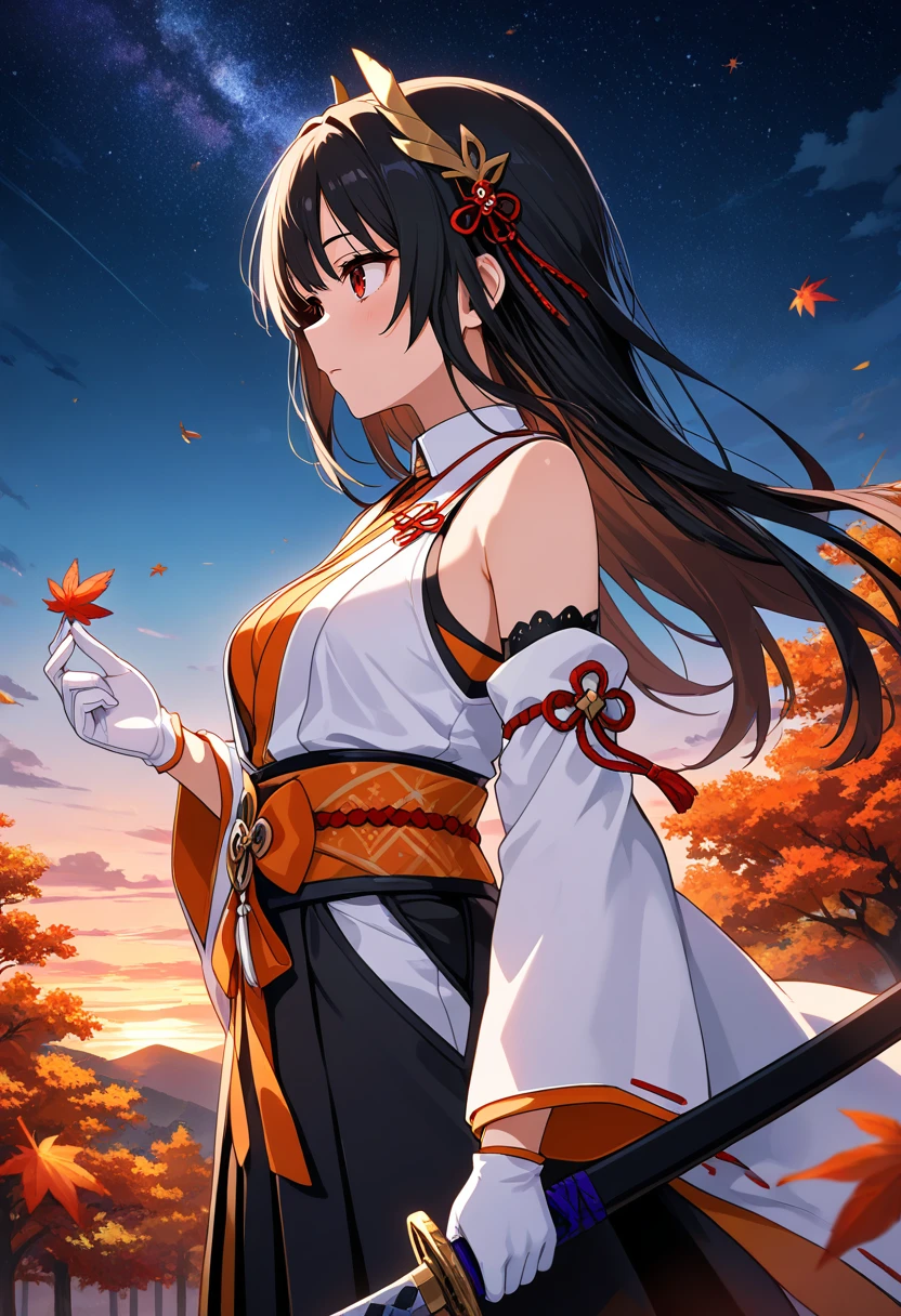 masterpiece, best quality, absurdres, very aesthetic, general,
1girl, white shirt, open shirt, sleeveless shirt, white kimono, japanese clothes, black skirt, hakama, detached sleeves, white sleeves, hair ornament, white gloves, bare shoulders, white collar, orange obi, cowboy shot, holding sword, outdoors, autumn, autumn leaves, outdoors, sunset, twilight, starry sky, night sky, black hair, long hair, from side, looking to the side, falling leaves, red eyes,