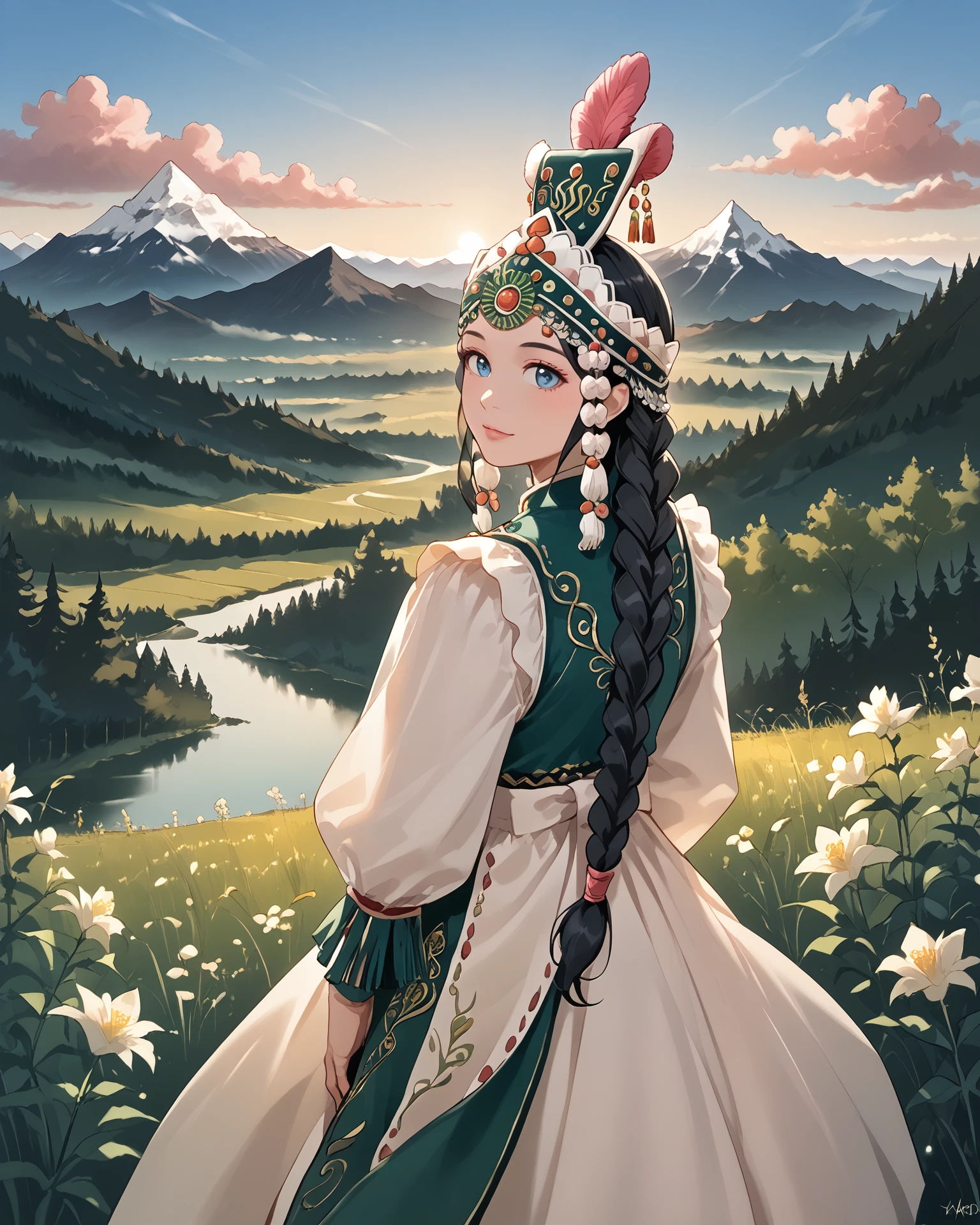 1girl, wearing yakutfa, yakutfa clothes, beautiful scenery, mountain range, long hair, braid, black hair, pinks and greens, extremely detailed clothing, headdress, digital art, masterpiece, absurdres, highest quality, score_9, score_8_up, score_7_up,   <lora:Yakut_Fashion_XL:1>,  <lora:Smooth Anime 2 Style SDXL_LoRA_Pony Diffusion V6 XL:1>