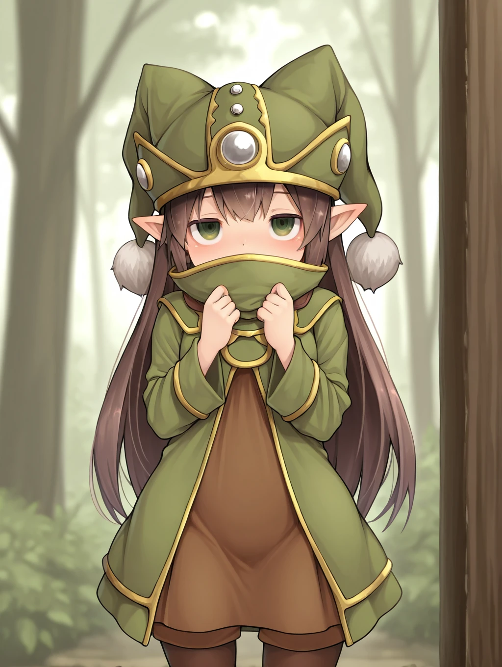 1girl, solo, Gnome, brown hair, long hair, brown dress, green robe, pointy ears, hat, covered mouth, pantyhose,

(standing), cowboy shot,

masterpiece, best quality,amazing quality, very aesthetic, absurdres, depth of field, blurry background, extremely detailed face, detailed eyes