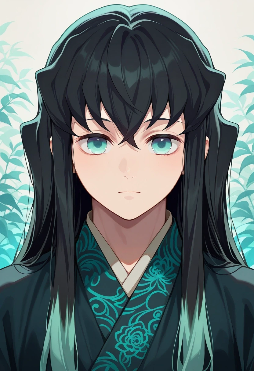 masterpiece, best quality, intricate details, semi-realistic, , , 1boy, solo, male focus, <lora:muichirou_tokitou_ilxl:1>, muichirou_tokitou, black hair, aqua eyes, long hair, bangs, hair between eyes, sidelocks, multicolored hair, two-tone hair, gradient hair, aqua hair, , ,